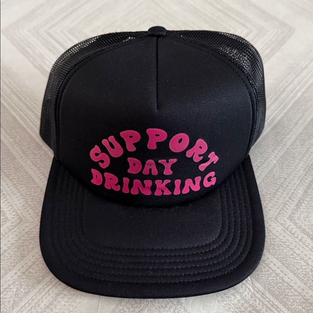 Black Foam Trucker Hat “Support Day Drinking” Pink Graphic Snapback Mesh